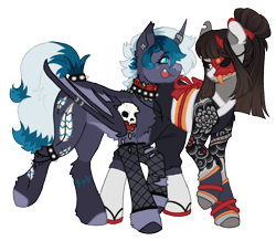 Size: 1148x1000 | Tagged: safe, artist:kazmuun, imported from derpibooru, oc, oc only, oc:elizabat stormfeather, oc:ohasu, alicorn, bat pony, bat pony alicorn, earth pony, pony, alicorn oc, alternate hairstyle, anklet, bat pony oc, bat wings, belt, blushing, chest fluff, choker, clothes, commission, duo, duo female, ear fluff, ear piercing, earring, eyepatch, fangs, female, fishnet clothing, gauntlet, half mask, horn, horn ring, jewelry, kimono (clothing), looking at each other, looking at someone, mare, markings, mask, necklace, open mouth, piercing, ponytail, raised hoof, raised leg, redesign, ring, robe, samurai, sandals, simple background, socks, spiked choker, stockings, tattoo, thigh highs, transparent background, unshorn fetlocks, wall of tags, wing piercing, wings