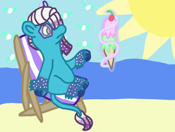 Size: 1600x1200 | Tagged: safe, artist:mintwhistle, imported from derpibooru, bird, classical unicorn, pony, unicorn, atg 2024, auroricorn, beach, beach chair, chair, cloven hooves, coat markings, colored hooves, comet (g5), food, frown, g5, glasses, glowing, glowing horn, hooves, horn, hot, ice cream, ice cream cone, leonine tail, magic, magic aura, male, medibang paint, missing cutie mark, newbie artist training grounds, no pupils, ocean, relaxing, sitting, solo, sparkles, sparkly mane, sparkly tail, stallion, summer, sun, tail, telekinesis, unshorn fetlocks, water