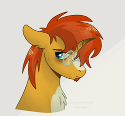 Size: 2048x1890 | Tagged: safe, artist:vixymix101, imported from derpibooru, part of a set, sunburst, pony, unicorn, bags under eyes, beard, blaze (coat marking), blue eyes, burnt horn, bust, chest fluff, coat markings, colored, colored eyebrows, curved horn, dropout, ear fluff, facial hair, facial markings, floppy ears, frown, glasses, gradient horn, horn, lidded eyes, looking back, male, narrowed eyes, orange coat, orange mane, round glasses, sadburst, shiny mane, signature, solo, stallion, two toned background, two toned mane, unicorn horn