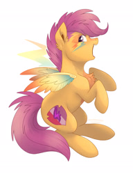 Size: 1575x2048 | Tagged: safe, artist:vixymix101, imported from derpibooru, scootaloo, pegasus, pony, blaze (coat marking), chest fluff, coat markings, colored, colored wings, cute, cutealoo, ear fluff, eyelashes, face paint, facial markings, female, flight trail, looking back, mare, multicolored wings, open mouth, open smile, orange coat, painted wings, profile, purple eyes, purple mane, purple tail, rearing, simple background, small wings, smiling, solo, spread wings, tail, teenage scootaloo, teeth, tongue out, watermark, white background, wingding eyes, wings