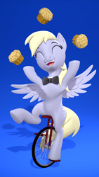 Size: 2160x3840 | Tagged: safe, artist:owlpirate, imported from derpibooru, derpy hooves, pegasus, pony, 3d, 4k, bowtie, eyes closed, female, food, gradient background, high res, juggling, mare, muffin, open mouth, open smile, smiling, solo, source filmmaker, unicycle