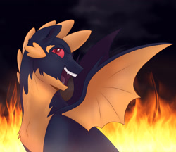 Size: 2048x1769 | Tagged: safe, artist:vixymix101, imported from derpibooru, spike, dragon, elements of insanity, assspike, blue body, chest fluff, colored sclera, colored wings, ear fluff, evil grin, fangs, fire background, fluffy dragon, grin, looking up, male, narrowed eyes, older, older spike, open mouth, open smile, profile, red eyes, red sclera, slit pupils, smiling, solo, spikes, spread wings, teeth, tongue out, two toned wings, winged spike, wings