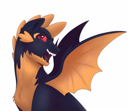 Size: 2048x1769 | Tagged: safe, alternate version, artist:vixymix101, imported from derpibooru, spike, dragon, elements of insanity, assspike, blue body, chest fluff, colored sclera, colored wings, ear fluff, evil grin, fangs, fluffy dragon, grin, looking up, male, narrowed eyes, older, older spike, open mouth, open smile, profile, red eyes, red sclera, simple background, slit pupils, smiling, solo, spikes, spread wings, teeth, tongue out, two toned wings, white background, winged spike, wings