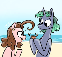 Size: 2796x2591 | Tagged: safe, artist:smirk, imported from derpibooru, oc, unnamed oc, crab, beach, duo, ear piercing, freckles, glasses, ocean, offspring, parent:cheese sandwich, parent:pinkie pie, parent:princess luna, parent:stygian, piercing, water