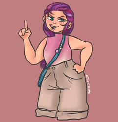 Size: 1940x2009 | Tagged: safe, artist:m00nbunz, imported from derpibooru, sunny starscout, human, clothes, female, g5, hand on hip, humanized, light skin, open mouth, raised finger, satchel, shorts, simple background, solo, sunny's bag, tanktop