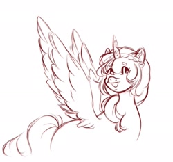 Size: 1783x1659 | Tagged: safe, artist:m00nbunz, imported from derpibooru, sunny starscout, alicorn, pony, female, g5, horn, mare, monochrome, my little pony: a new generation, open mouth, open smile, race swap, simple background, sketch, smiling, solo, spread wings, sunnycorn, tail, white background, wings