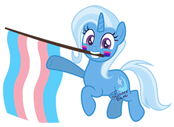 Size: 1381x1009 | Tagged: safe, artist:katnekobase, artist:yeetmedownthestairs, imported from derpibooru, trixie, pony, unicorn, base used, bisexual pride flag, commission, cute, diatrixes, face paint, female, grin, horn, mare, mouth hold, pride, pride flag, pride month, simple background, smiling, solo, trans female, trans trixie, transgender, transgender pride flag, transparent background, ych result