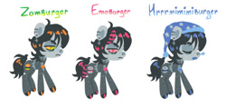 Size: 741x352 | Tagged: safe, artist:emobricosss, imported from derpibooru, part of a set, oc, oc only, oc:zomburger, earth pony, pony, undead, zombie, zombie pony, ahoge, alternate color palette, alternate eye color, bags under eyes, black mane, black tail, blue mouth, coat markings, colored hooves, colored mouth, colored muzzle, colored pinnae, colored pupils, colored sclera, cross earring, dyed mane, ear piercing, earring, emo, eyebrow slit, eyebrows, eyes closed, facial markings, female, freckles, frown, gray coat, gray hooves, green sclera, hat, heart, heart mark, hooves, jewelry, lidded eyes, lineless, mare, narrowed eyes, nightcap, orange eyes, orange pupils, piercing, pink eyes, pink pupils, pink sclera, profile, raccoon tail, shiny hooves, shiny mane, shiny tail, simple background, sleeping, snip (coat marking), snot bubble, solo, stitched body, tail, text, white background, wolf cut