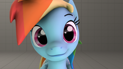 Size: 1920x1080 | Tagged: safe, artist:yelowcrom, imported from derpibooru, rainbow dash, pegasus, pony, 3d, eyebrows, female, folded wings, looking at you, mare, raised eyebrow, smiling, smiling at you, solo, source filmmaker, stage.bsp, wings