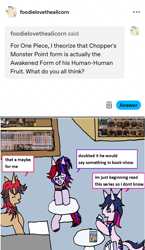 Size: 1176x2023 | Tagged: safe, artist:ask-luciavampire, imported from derpibooru, oc, earth pony, pony, unicorn, anime, ask, horn, manga, one piece, tumblr