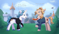 Size: 3452x2000 | Tagged: safe, imported from derpibooru, fancypants, jeff letrotski, earth pony, pony, unicorn, canterlot, clothes, cutie mark, detailed background, dialogue, duo, duo male, facial hair, grass, high res, horn, magic, male, necktie, sky, suit, text