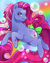 Size: 2160x2700 | Tagged: safe, artist:sparkytopia, imported from derpibooru, earth pony, pony, bow, bubble, female, g3, hoof heart, mare, pink mane, purple coat, rainbow, rainbow bubbles, signature, solo, super long hair pony, tail, tail bow, underhoof