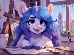 Size: 1024x768 | Tagged: safe, imported from derpibooru, izzy moonbow, pony, unicorn, ai content, ai generated, fangs, g5, generator:stable diffusion, hooves, horn, indoors, open mouth, prompter:raif, smiling, solo