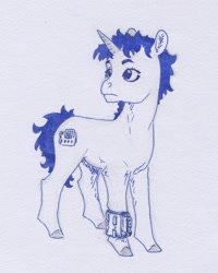 Size: 774x967 | Tagged: safe, artist:adeptus-monitus, imported from derpibooru, oc, oc only, oc:littlepip, pony, unicorn, fallout equestria, horn, monochrome, pipbuck, solo, traditional art