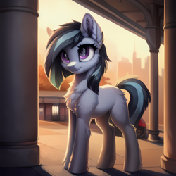 Size: 1536x1536 | Tagged: safe, imported from derpibooru, marble pie, earth pony, pony, ai content, ai generated, bust, chest fluff, city, cityscape, ear fluff, female, generator:stable diffusion, mare, outdoors, prompter:seashell, smiling, solo, sunset, tail, two toned mane, two toned tail