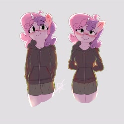 Size: 4000x4000 | Tagged: safe, alternate version, artist:potato22, imported from derpibooru, sweetie belle, anthro, unicorn, alternate character, arm behind back, blushing, breasts, busty sweetie belle, clothes, female, gray background, hoodie, horn, looking at you, mare, older, older sweetie belle, shorts, simple background, smiling, smiling at you, solo, solo female