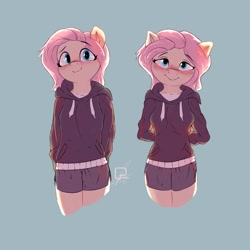 Size: 4000x4000 | Tagged: safe, alternate version, artist:potato22, imported from derpibooru, oc, oc only, anthro, earth pony, alternate character, arm behind back, blue background, blushing, breasts, clothes, female, hoodie, looking at you, mare, not fluttershy, shorts, simple background, smiling, smiling at you, solo