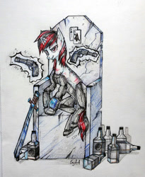 Size: 900x1098 | Tagged: safe, artist:enjaadjital, imported from derpibooru, oc, oc only, oc:blackjack, cyborg, cyborg pony, pony, unicorn, fallout equestria, fallout equestria: project horizons, alcohol, colored pencil drawing, cybernetic legs, drink, ear fluff, fanfic art, gradient background, gun, handgun, horn, level 2 (project horizons), magic, pipbuck, queen whiskey, revolver, scratches, signature, simple background, sitting, sword, telekinesis, throne, traditional art, unicorn oc, weapon, whiskey, white background