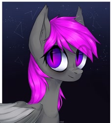 Size: 1166x1280 | Tagged: safe, artist:enjaadjital, imported from derpibooru, oc, oc only, bat pony, pony, bat pony oc, bat wings, bust, constellation, ear fluff, eye clipping through hair, female, looking at you, mare, night, pink mane, solo, stars, wings