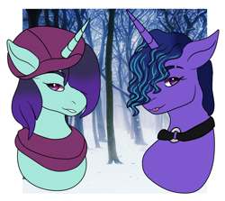 Size: 1344x1200 | Tagged: safe, artist:bluefinarts, imported from derpibooru, evening cascade, pony, unicorn, 2022, choker, clothes, duo, duo female, female, g5, hat, horn, looking at you, mare, onyx, scarf, tongue out, tree