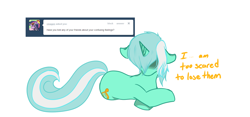 Size: 1280x597 | Tagged: safe, artist:azure-doodle, imported from derpibooru, lyra heartstrings, pony, ask, female, floppy ears, head down, hidden eyes, lying down, mare, prone, sexually confused lyra, simple background, solo, tumblr, white background