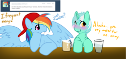 Size: 1280x597 | Tagged: safe, artist:azure-doodle, imported from derpibooru, lyra heartstrings, rainbow dash, pony, alcohol, ask, backwards ballcap, baseball cap, beer, beer mug, blushing, cap, duo, duo female, female, glass, glass of water, hat, lesbian, lyradash, mare, sexually confused lyra, shipping, simple background, tumblr, water, white background