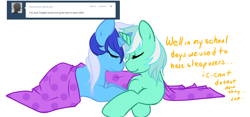 Size: 1280x597 | Tagged: safe, artist:azure-doodle, imported from derpibooru, lyra heartstrings, minuette, pony, unicorn, ask, blanket, eyes closed, female, horn, horns are touching, lesbian, lying down, lyrette, mare, prone, sexually confused lyra, shipping, simple background, smi, tumblr, under blanket, white background