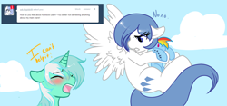 Size: 1280x597 | Tagged: safe, artist:azure-doodle, imported from derpibooru, lyra heartstrings, rainbow dash, oc, oc:frigid drift, pegasus, pony, ask, crush plush, duo, duo female, embarrassed, eyes closed, female, floppy ears, furrowed brow, hug, implied lesbian, implied lyradash, implied shipping, mare, plushie, sexually confused lyra, tumblr