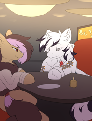 Size: 1850x2434 | Tagged: safe, artist:beardie, imported from derpibooru, part of a set, oc, oc:ira, oc:yiazmat, draconequus, unicorn, candle, clothes, coat, couple, date, draconequus oc, female, flirting, horn, irazmat, lamp, male, restaurant, shipping, tail, unicorn oc