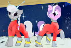 Size: 1500x1000 | Tagged: safe, artist:gean, diamond tiara, silver spoon, pony, art pack:nuclear neighs and deco days, female, filly, jewelry, looking at each other, moon, space, tiara