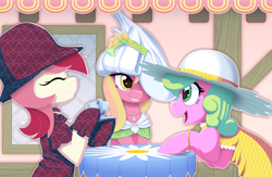 Size: 6064x3950 | Tagged: safe, artist:grispinne, daisy, flower wishes, lily, lily valley, roseluck, art pack:nuclear neighs and deco days, female, flower trio, hat, mare