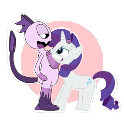 Size: 720x720 | Tagged: safe, artist:cooperthedoodlian, imported from derpibooru, rarity, unicorn, angry, cross-popping veins, doodland, emanata, female, flirting, hand on head, horn, klapto (doodland), male, mantisgirl, my singing monsters, simple background