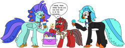 Size: 3138x1207 | Tagged: safe, artist:supahdonarudo, imported from derpibooru, oc, oc only, oc:icebeak, oc:ironyoshi, oc:sea lilly, classical hippogriff, hippogriff, unicorn, atg 2024, camera, cooler, dialogue, food, holding, horn, ice, jewelry, necklace, newbie artist training grounds, popsicle, simple background, snow cone, speech bubble, spongebob squarepants, spongebob squarepants (character), text, tongue out, transparent background