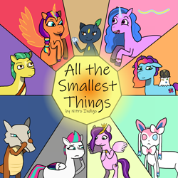 Size: 2893x2893 | Tagged: safe, artist:nitro indigo, imported from derpibooru, hitch trailblazer, izzy moonbow, pipp petals, sunny starscout, zipp storm, oc, oc:confetti (atst), alicorn, earth pony, marowak, pegasus, pony, sneasel, sylveon, unicorn, fanfic:all the smallest things, applejack (g5), bracelet, cellphone, fanfic, fanfic art, fanfic cover, female, fluttershy (g5), friendship bracelet, g5, horn, jewelry, magic, magic aura, male, mane five, mane six (g5), mane stripe sunny, misty brightdawn, phone, pinkie pie (g5), pokémon, race swap, rainbow dash (g5), rarity (g5), rebirth misty, simple background, smartphone, spewpa, sunnycorn, text, twilight sparkle (g5)