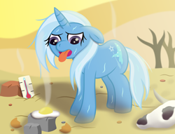 Size: 3500x2671 | Tagged: safe, artist:sweetielover, imported from derpibooru, trixie, pony, unicorn, atg 2024, desert, egg, eggshell, female, food, heat, high res, horn, mountain, newbie artist training grounds, rock, sand, skull, solo, sunlight, sweat, thermometer, tongue out, tree