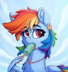 Size: 1100x1172 | Tagged: safe, artist:zeepheru_pone, imported from derpibooru, rainbow dash, pegasus, pony, atg 2024, eating, female, flower, food, jewelry, mare, necklace, newbie artist training grounds, popsicle, sky, solo, wing hold, wings