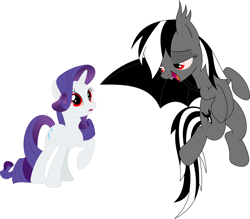 Size: 3588x3145 | Tagged: safe, artist:porygon2z, imported from derpibooru, rainbow dash, rarity, oc, oc:count dashula, bat pony, pegasus, pony, undead, unicorn, vampire, bat ponified, black and white mane, duo, female, flying, horn, hypno dash, hypnority, hypnosis, hypnotized, lidded eyes, looking at each other, looking at someone, mare, open mouth, open smile, race swap, rainbowbat, smiling, species swap, spread wings, wings