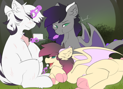 Size: 2061x1492 | Tagged: safe, artist:beardie, imported from derpibooru, oc, oc:midnight gala, oc:sunlight dream, oc:yiazmat, dragon, unicorn, blushing, cake, date, dragoness, ear fluff, feeding, female, food, horn, horns, magic, shy, siblings, sisters, spoon, tail, telekinesis, unicorn oc, wings