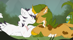 Size: 2809x1545 | Tagged: safe, artist:beardie, imported from derpibooru, oc, oc:eldorada, oc:yiazmat, kirin, unicorn, boop, couple, ear fluff, happy, horn, horns are touching, kirin oc, love, noseboop, nuzzling, orb, scar, shipping, smiling, touching hooves, unicorn oc, yiarada