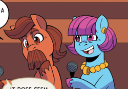 Size: 352x246 | Tagged: safe, artist:natalie haines, idw, imported from derpibooru, earth pony, pony, spoiler:comic, spoiler:g5comic, colt colebrn, facial hair, female, g5, kenbucky roller derby #5, male, mare, moustache, my little pony: kenbucky roller derby, poppy-jane, stallion