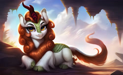 Size: 3200x1960 | Tagged: safe, imported from derpibooru, autumn blaze, kirin, ai content, ai generated, cave, female, generator:pony diffusion v6 xl, generator:stable diffusion, looking at you, lying down, prompt in description, prompter:derp621, solo