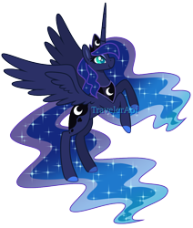 Size: 1000x1178 | Tagged: safe, artist:traveleraoi, imported from derpibooru, princess luna, alicorn, pony, colored pupils, crown, cute, digital art, ethereal hair, ethereal mane, ethereal tail, female, flying, gradient mane, hooves, horn, jewelry, large wings, long hair, long horn, long mane, long tail, peytral, regalia, simple background, smiling, solo, sparkles, spread wings, tail, tall, transparent background, watermark, wings