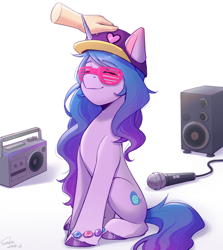 Size: 2048x2300 | Tagged: safe, artist:xiaowu07, imported from derpibooru, izzy moonbow, human, pony, unicorn, cute, g5, glasses, horn, my little pony: a new generation, rapper, simple background, sitting, smiling, solo, white background