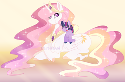 Size: 1800x1182 | Tagged: safe, artist:traveleraoi, imported from derpibooru, princess celestia, twilight sparkle, alicorn, pony, unicorn, :o, colored pupils, crepuscular rays, crossed legs, crown, cute, cutelestia, digital art, duo, duo female, ear fluff, ethereal mane, ethereal tail, female, filly, filly twilight sparkle, flowing mane, flowing tail, foal, folded wings, gradient background, hooves, horn, jewelry, long mane, long tail, lying down, mare, momlestia, open mouth, peytral, ponies riding ponies, prone, rainbow power, regalia, riding, riding a pony, smiling, sparkles, starry mane, starry tail, sunrise, tail, twiabetes, unicorn twilight, watermark, wings, younger