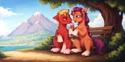 Size: 1280x640 | Tagged: safe, imported from derpibooru, sprout cloverleaf, sunny starscout, earth pony, pony, :p, ai content, ai generated, bench, cute, duo, duo male and female, eating, female, food, forest, g5, hair, houses, ice cream, looking at each other, looking at someone, love, male, mane stripe sunny, mare, mountain, nature, ocean, prompter:oranzinispegasiukas, prompter:truesprout, romance, romantic, scenery, shipping, sky, sproutbetes, straight, sunnyclover, tail, tongue out, tree, water