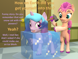 Size: 1412x1080 | Tagged: safe, artist:red4567, imported from derpibooru, izzy moonbow, sunny starscout, earth pony, pony, unicorn, 3d, atg 2024, chisel, coat markings, colored hooves, duo, duo female, female, frozen, g5, g5 to g4, generation leap, hammer, hooves, horn, ice, ice block, implied allura, mare, newbie artist training grounds, puddle, socks (coat markings), source filmmaker, unshorn fetlocks