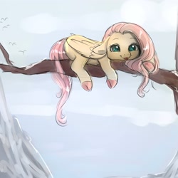 Size: 4000x4000 | Tagged: safe, artist:miokomata, imported from derpibooru, fluttershy, pegasus, pony, colored hooves, cute, daaaaaaaaaaaw, female, floppy ears, freckles, freckleshy, hooves, looking at you, lying down, mare, prone, shyabetes, smiling, smiling at you, solo, tongue out, tree branch