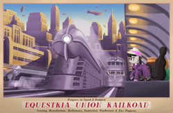 Size: 4000x2600 | Tagged: safe, artist:kakapo, octavia melody, earth pony, pony, art pack:nuclear neighs and deco days, airship, female, hat, luggage, mare, poster, train, train station, zeppelin