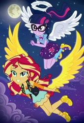 Size: 832x1216 | Tagged: safe, imported from twibooru, angel wings, sunset shimmer, twilight sparkle, human, equestria girls, ai content, ai generated, female, flying, halo, humanized, image, lesbian, moon, needs more jpeg, night, night sky, prompter:tiamatnightmare, shipping, sky, spread wings, stars, sunsetsparkle, wings