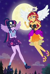 Size: 832x1216 | Tagged: safe, imported from twibooru, angel wings, sunset shimmer, twilight sparkle, human, equestria girls, ai content, ai generated, female, flying, halo, humanized, image, lesbian, moon, needs more jpeg, night, night sky, prompter:tiamatnightmare, shipping, sky, spread wings, stars, sunsetsparkle, wings